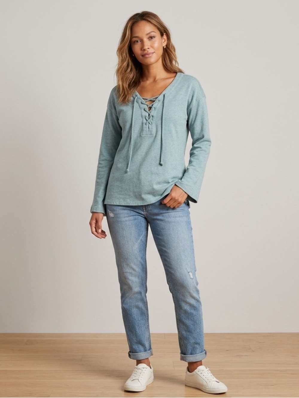 LOFT Outlet Lounge Blue Loose Fit Lace Uo Neckline Sweater Sweatshirt Loungewear